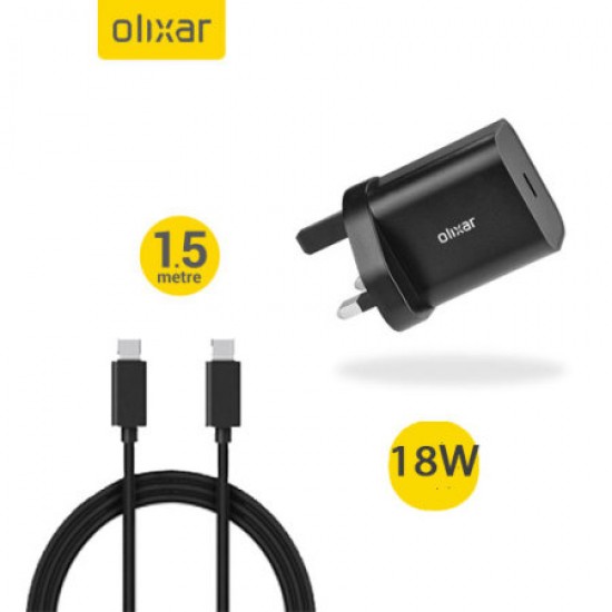 Olixar 18W USB-C PD Fast Wall Charger W/ 1.5m USB-C To C Cable - Black